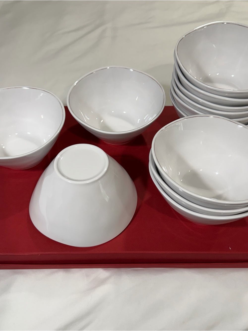 Crate & Barrel Mercer(?) 6” Soup Cereal Bowl White & Sand Colored Rim SET OF 2